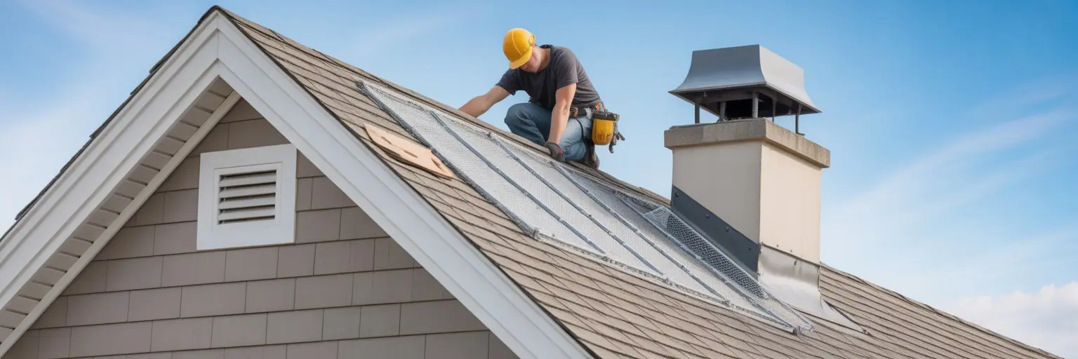 Roofer sealing openings on a roof beside a chimney