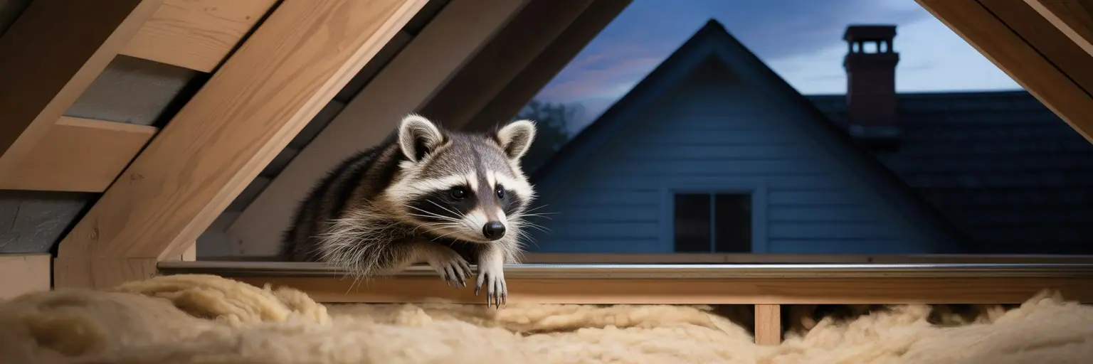 Raccoon peeking out of attic insulation