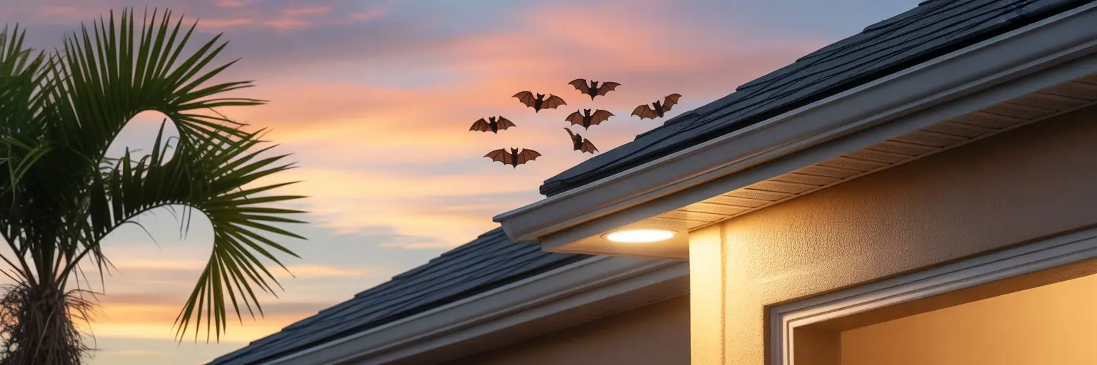 Bats flying from a roofline at sunset