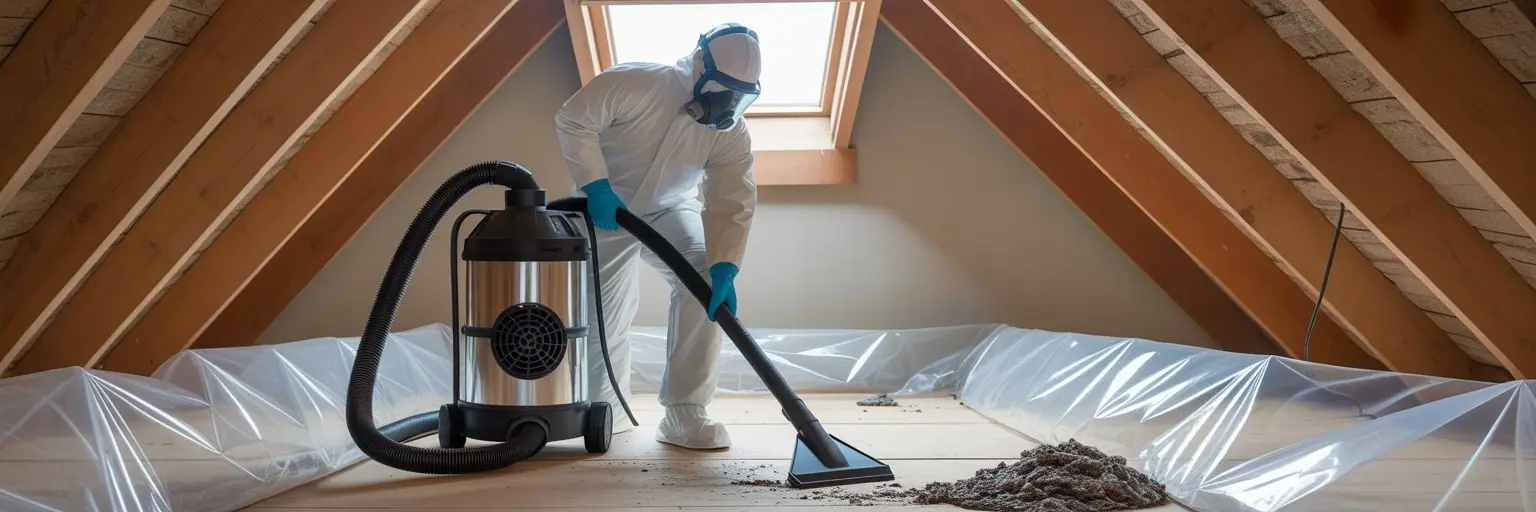 Technician vacuuming bat guano in an attic