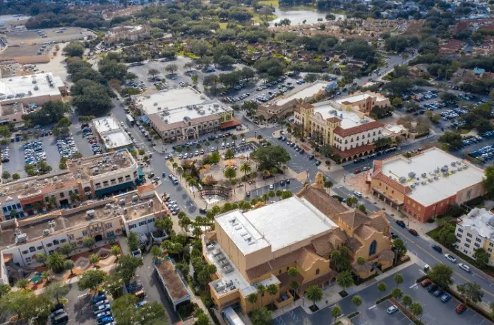 Aerial view of a town center in The Villages, Florida